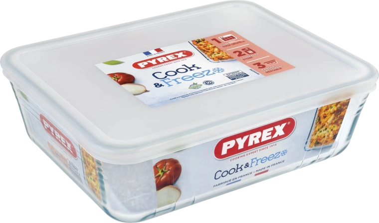 Stikla trauks PYREX 2,6 l ar vāku, 24 × 19 × 8 cm