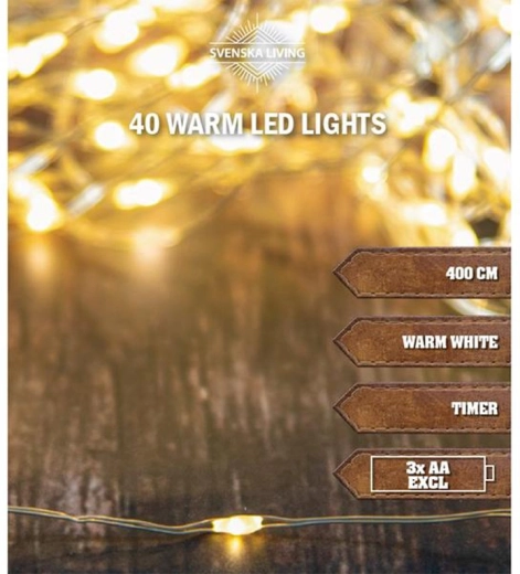 Ziemassvētku gaismas virtene 40 LED ar taimeri, 4 m, silti balta