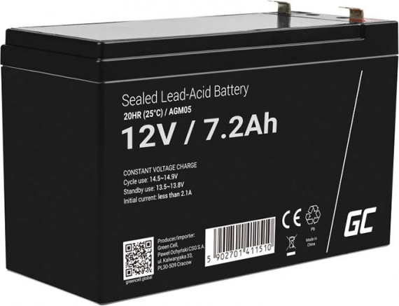 Uzlādējama AGM baterija 12 V 7,2 Ah UPS un signalizācijām GREEN CELL