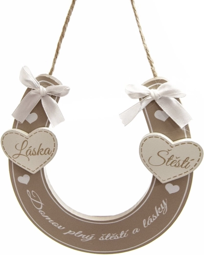 Wooden horseshoe decoration, beige, with the inscription “Home full of…” 14 × 14 cm