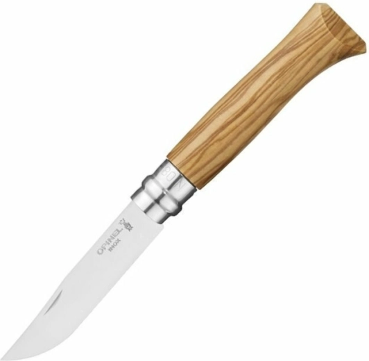 Opinel N°08 Inox kabatas nazis 8,5 cm, olīvkoks, ādas maciņš, koka dāvanu kārba