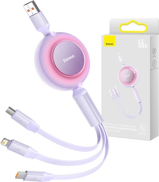 Baseus Bright Mirror 3 USB kabelis 3 vienā micro USB, USB‑C un Lightning 66 W 1,1 m – Violets