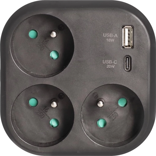 Solight power splitter with 3 sockets and USB-A/USB-C fast charger 20 W PD, black