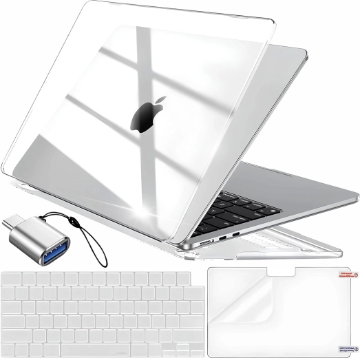Renew Force caurspīdīgs aizsargapvalks MacBook Air 13,6" (M2 2022 / M3 2024 / M4 2025) ar tastatūras pārsegu, ekrāna aizsargplēvi un USB‑C uz USB 3.0 adapteri - 1 gab.