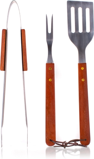 Nerūsējošā tērauda grilēšanas piederumu komplekts ar koka rokturiem, 3 daļas