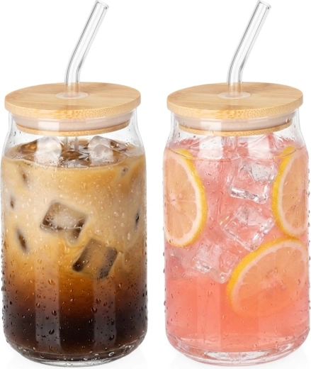Vilde stikla krūzes ar bambusa vāciņu un stikla salmiņu 460 ml, 2 gab.