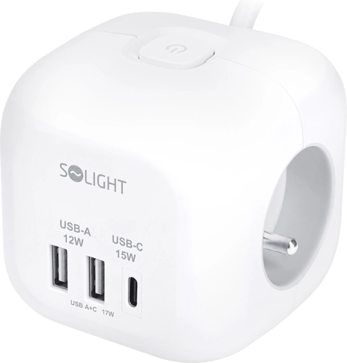 Solight kubveida pagarinātājs ar 3 kontaktligzdām + USB-A un USB-C, 2 m kabelis, balts