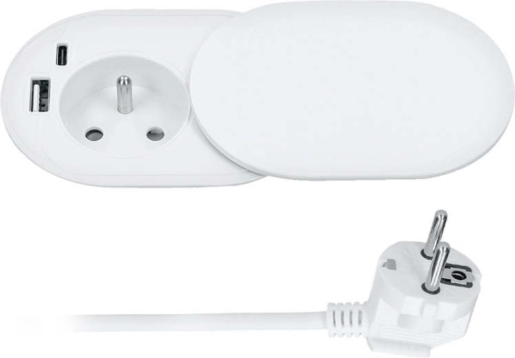 Solight iebūvējamā rozete 230 V ar USB-A un USB-C (20 W PD), bīdāms vāciņš, 2 m, matēti balta