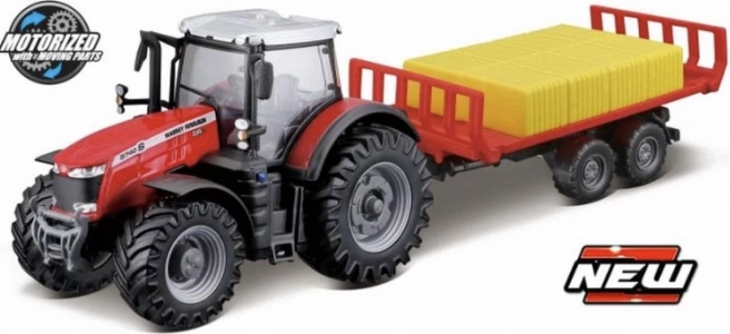 Bburago lauksaimnieka traktors Massey Ferguson 8740 S ar piekabi siena rituļiem 10 cm