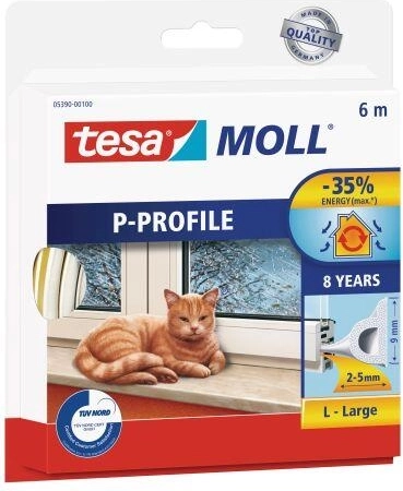 Logu un durvju blīvējums P profils 9 × 5,5 mm, balts, 6 m