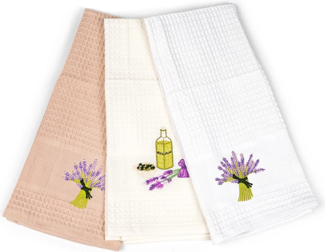 Kitchen Towels with Lavender Embroidery 45 × 70 cm, Cotton, Set of 3