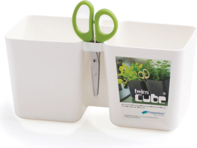Puķu pods Twins Cube balts garšaugiem 24,4 cm ar dārza šķērēm