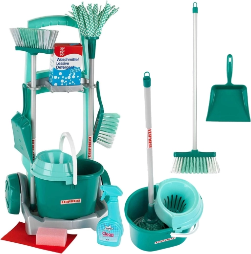 Bērnu uzkopšanas ratiņi LEIFHEIT ar mopu, slotu un piederumiem KLEIN