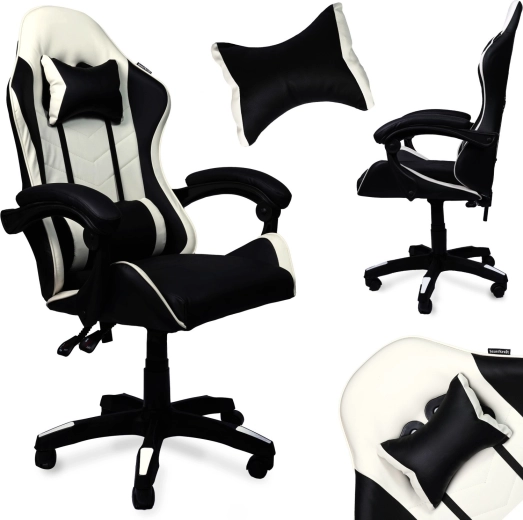 Black and White Faux Leather Gaming Swivel Chair