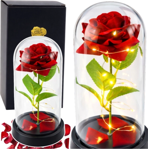 Mūžīgā sarkanā roze stikla kupolā ar LED apgaismojumu 21,5 × 11 cm