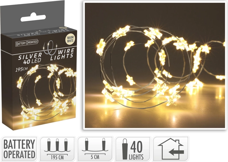 Ziemassvētku LED virtene ar zvaigznēm 1,95 m, 40 LED, silti balta - 1 gab.