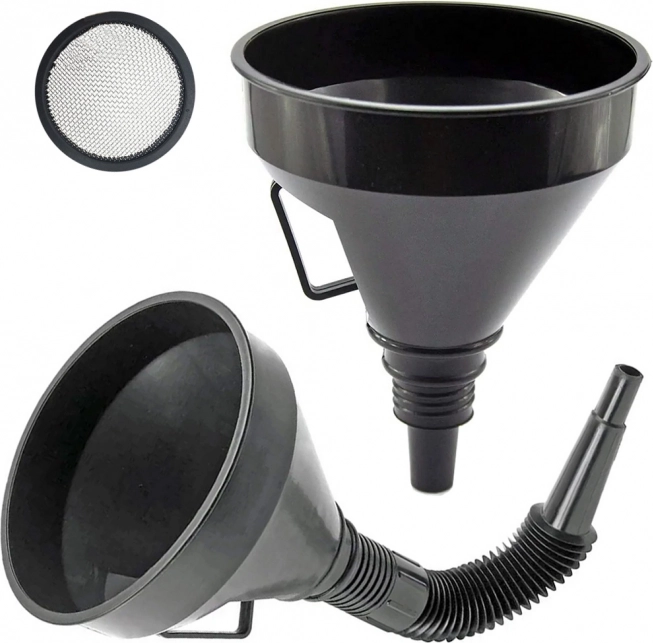 Liels plastmasas degvielas piltuve ar sietiņu