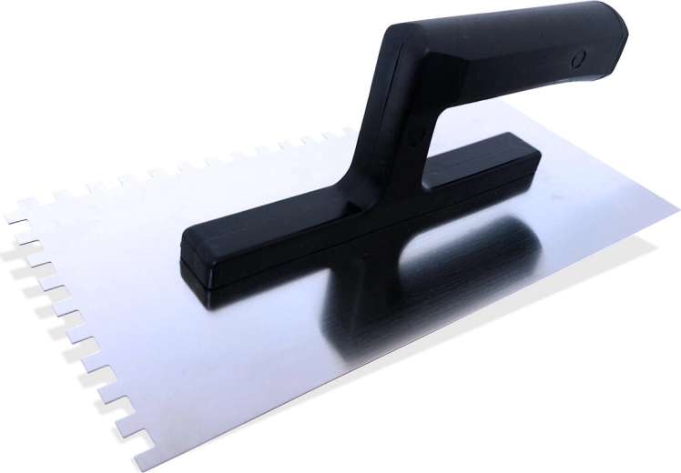 Stainless steel notched trowel with 10 mm teeth, 270 × 125 mm