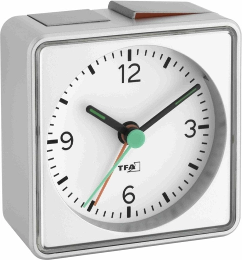 TFA Push Analog Alarm Clock with Silent Movement, Silver