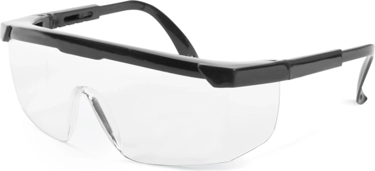 Clear safety glasses worn over prescription glasses with UV protection