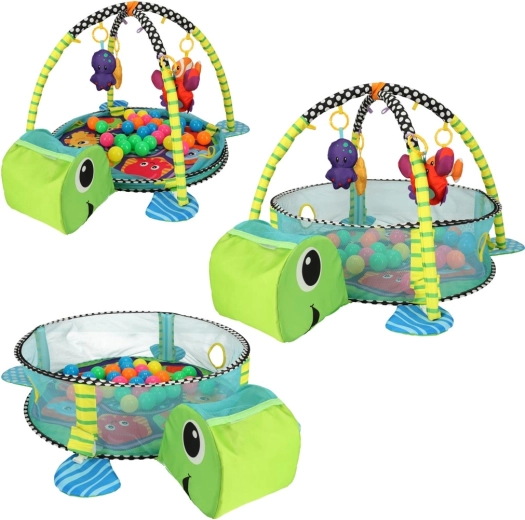 3‑in‑1: paklājiņš, rotaļu arka un bumbiņu baseins
